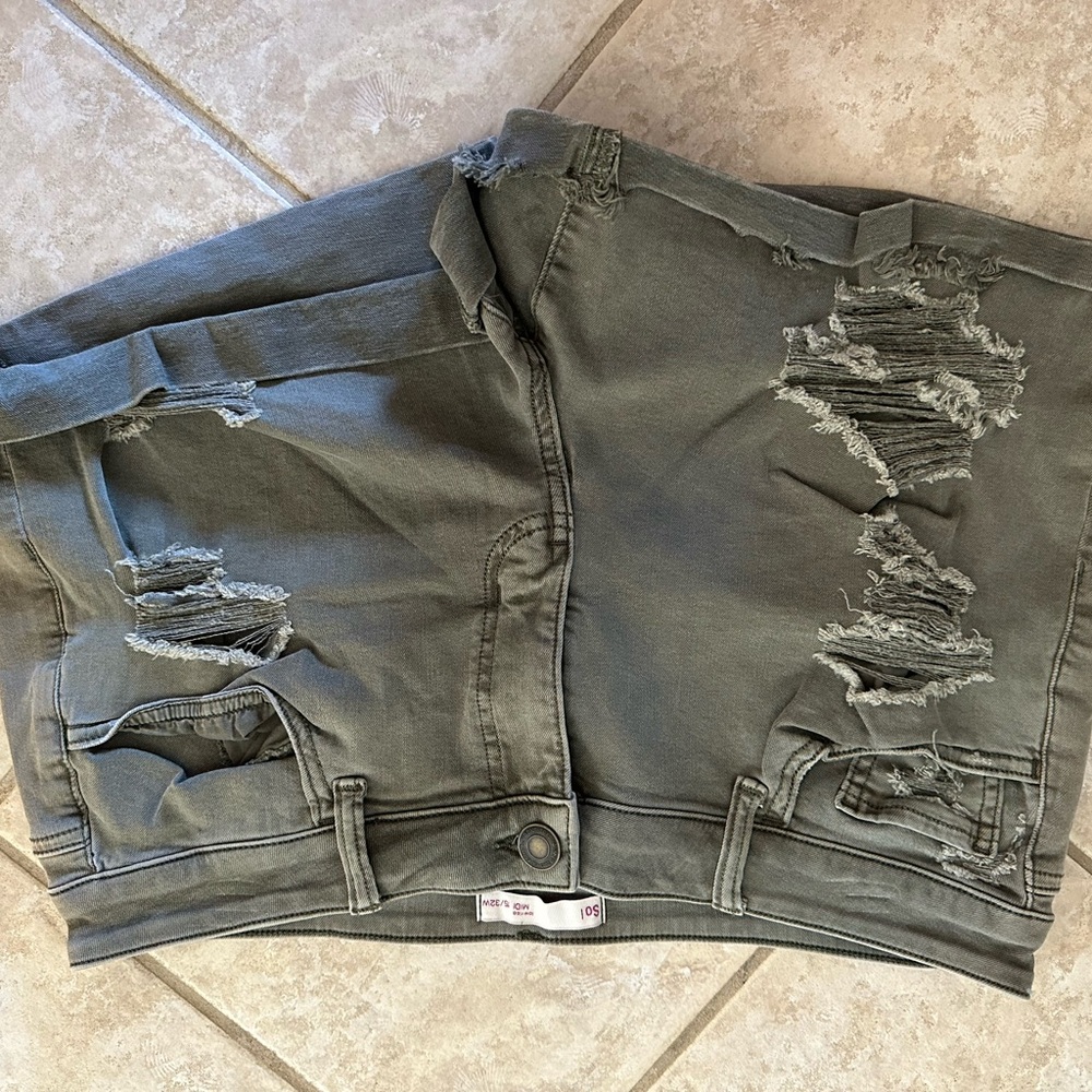 SO Women's Distressed Jean Shorts - Olive Green